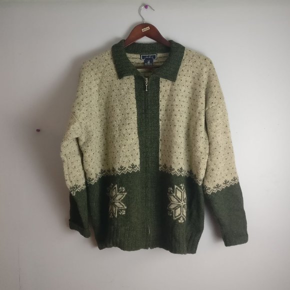 Vintage Nordic Full Zip Dad Sweater, 100% Wool Green Collared Snowflake print, L - Picture 5 of 6